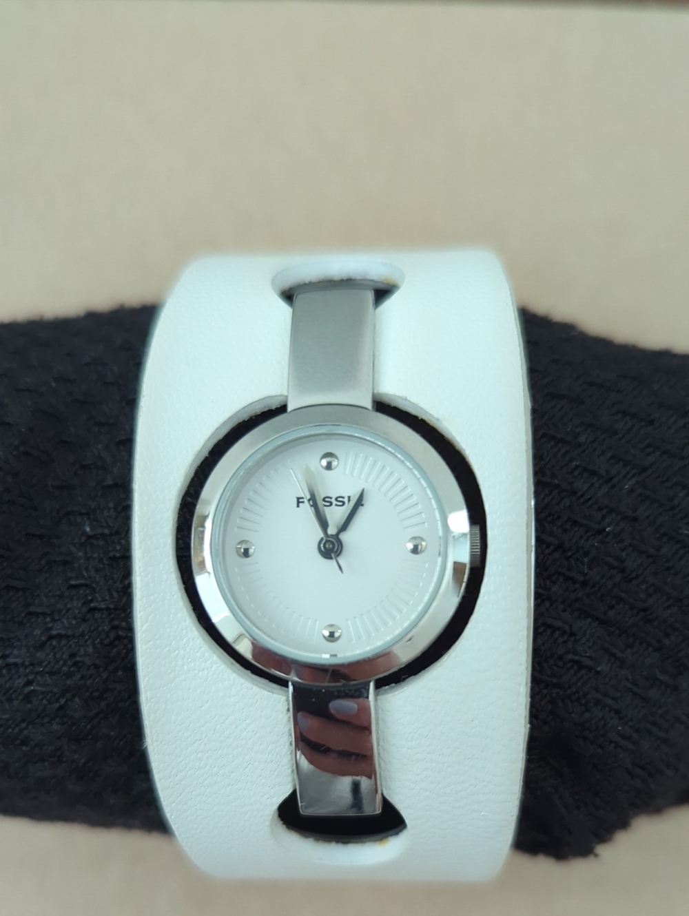 Fossil White Leather Bangle Watch with Silver-Tone Case